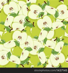 Background with green apples. Organic fruit. Cartoon style. Vector illustration for design, web, wrapping paper, fabric, wallpaper. Background with whole and cut green apples. Organic fruit. Cartoon style. Vector illustration for any design.