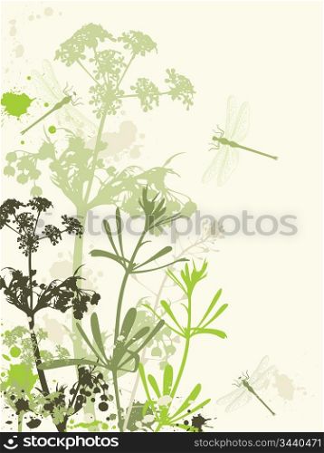 Background with green flowers,dragonfly and grunge effect