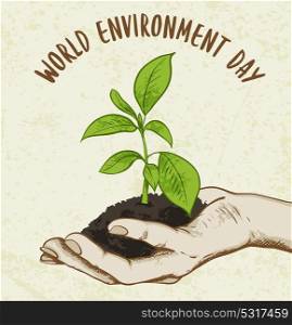 Background with green plant in human hand. Ecology concept for world environment day.