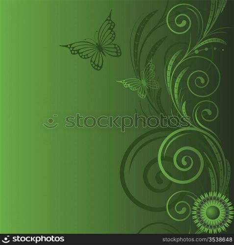 Background with green swirls and butterfly