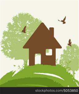 Background with green tree, birds and house. Eco-friendly house concept.