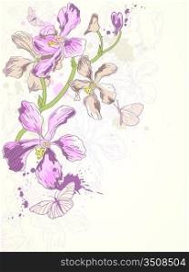 background with hand drawn violet orchids