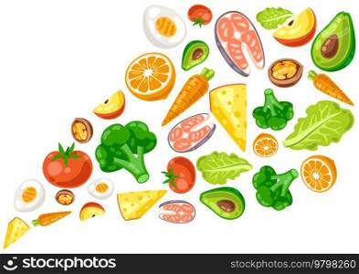 Background with healthy eating and diet meal. Fruits, vegetables and proteins for proper nutrition. Production and cooking of food.. Background with healthy eating and diet meal. Fruits, vegetables and proteins for proper nutrition.