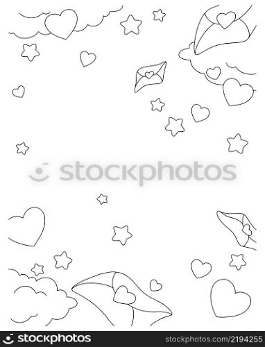 Background with hearts and clouds. Coloring book page for kids. Valentine&rsquo;s Day. Cartoon style. Vector illustration.