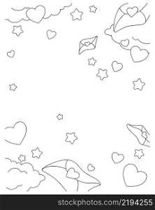 Background with hearts and clouds. Coloring book page for kids. Valentine&rsquo;s Day. Cartoon style. Vector illustration.