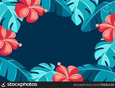 Background with hibiscus flowers and palm leaves. Tropical floral decorative illustration.. Background with hibiscus flowers and palm leaves.