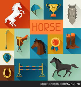 Background with horse equipment in flat style.