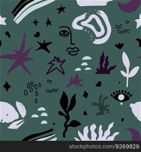 Background with human faces, foliage and leaves abstract design elements and decoration. Raindrops and flowers, seamless pattern or print for textile fabric or typography. Vector in flat style. Abstract background, print seamless pattern vector