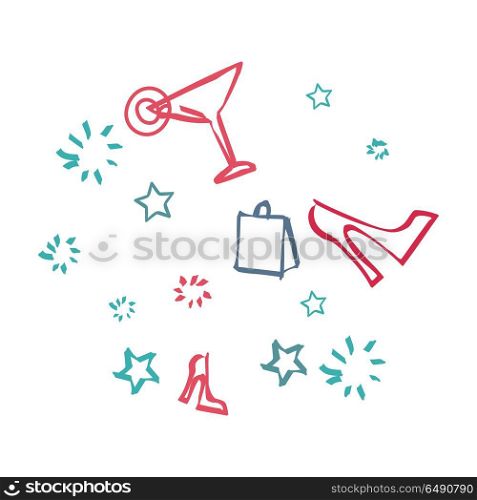 Background with Icons Symbolizing Day Off.. Background with icons symbolizing day off. Sign of bag, cocktail drink, shoe and stars. Dreaming about disco or a cool party. Thoughts to have a good rest in the nearest time. Vector illustration