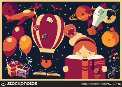 Background with imagination items and a girl reading a book, balloons, rocket ship, space, planets, vector illustration