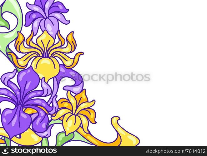 Background with iris flowers. Art Nouveau vintage style. Natural decorative plants.. Background with iris flowers. Art Nouveau vintage style.