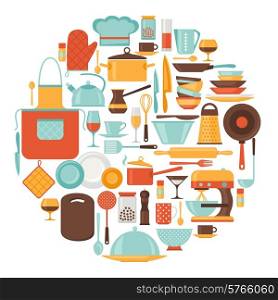 Background with kitchen and restaurant utensils icons.