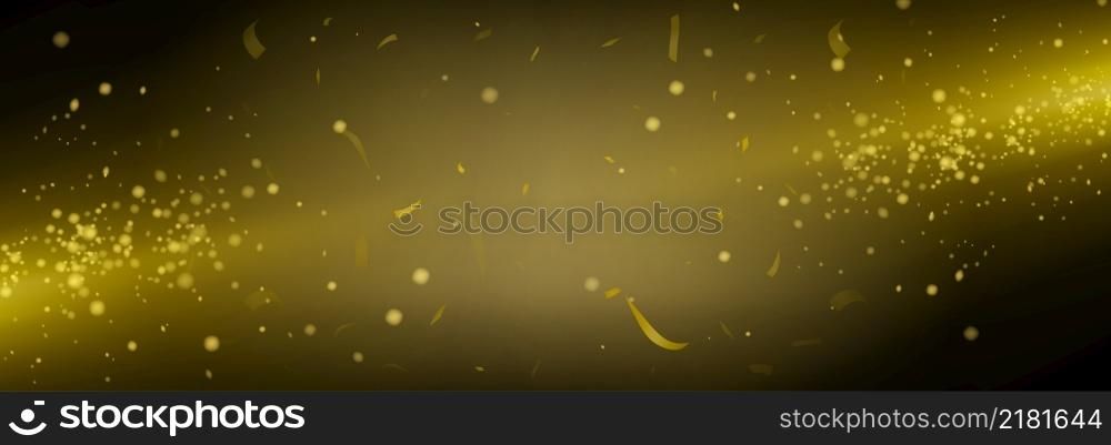 Background with light beam and glitter particles flying on black vector backdrop. Abstract blur and shine template for advertising, presentation or web design. Stardust explosion of golden sparks. Background with light bokeh and glitter particles
