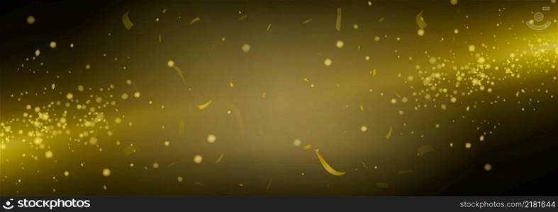 Background with light beam and glitter particles flying on black vector backdrop. Abstract blur and shine template for advertising, presentation or web design. Stardust explosion of golden sparks. Background with light bokeh and glitter particles