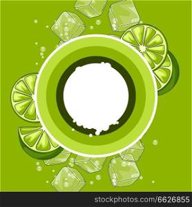 Background with limes. Ice cubes and soda bubbles. Fresh healthy juice. Delicious flavored cold drink. Green stylized citrus fruits whole and slices.. Background with limes. Ice cubes and soda bubbles.