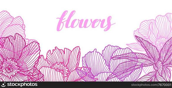Background with linear peonies. Beautiful decorative stylized summer flowers.. Background with linear peonies.