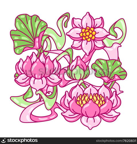 Background with lotus flowers. Art Nouveau vintage style. Water lily decorative illustration. Natural tropical plants.. Background with lotus flowers. Art Nouveau vintage style.