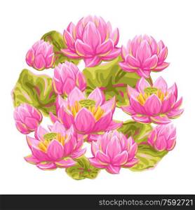 Background with lotus flowers. Water lily decorative illustration. Natural tropical plants.. Background with lotus flowers. Water lily decorative illustration.
