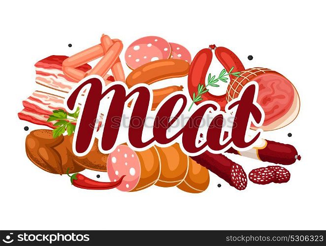 Background with meat products. Illustration of sausages, bacon and ham. Background with meat products. Illustration of sausages, bacon and ham.