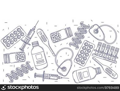 Background with medical and healthcare items. Equipment and symbols for pharmacies and hospitals.. Background with medical and healthcare items. Equipment for pharmacies and hospitals.