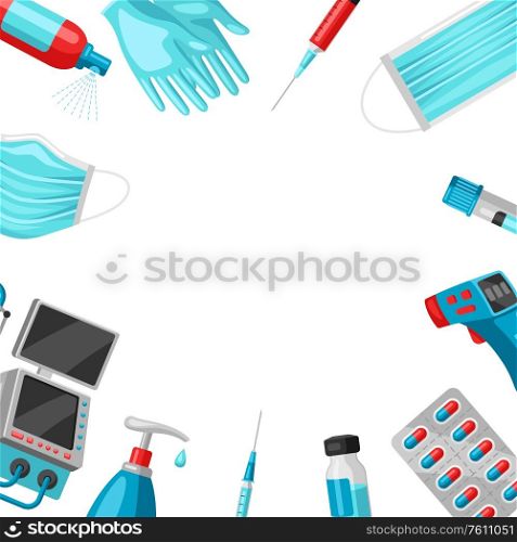 Background with medical equipment and protection. Health care, treatment and safety items.. Background with medical equipment and protection.