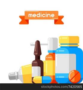 Background with medicine bottles and pills. Medical illustration in flat style.. Background with medicine bottles and pills.