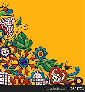 Background with mexican talavera pattern. Decoration with ornamental flowers. Traditional tile decorative objects. Ethnic folk ornament.. Background with mexican talavera pattern. Decoration with ornamental flowers.