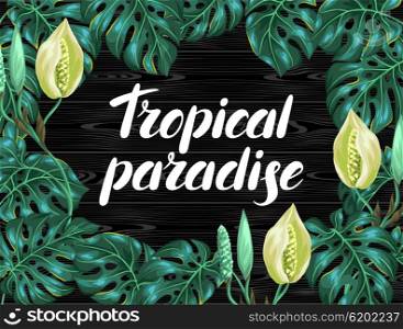 Background with monstera leaves. Decorative image of tropical foliage and flower. Design for advertising booklets, banners, flayers, cards.