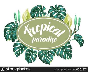 Background with monstera leaves. Decorative image of tropical foliage and flower. Design for advertising booklets, banners, flayers, cards.