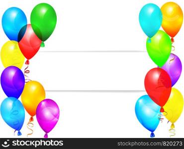 background with multicolored flying air balloons and white paper card, stock vector illustration