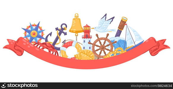 Background with nautical symbols and items. Marine cute decorative illustration.. Background with nautical symbols and items. Marine cute illustration.