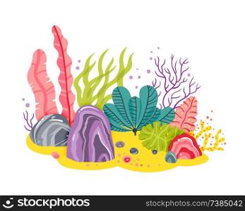 Background with ocean bottom, corals reefs, seaweed. Vector abstract illustration of an underwater landscape in a cartoon style.. Background with ocean bottom, corals reefs, seaweed. Vector abstract illustration of an underwater landscape in a cartoon style
