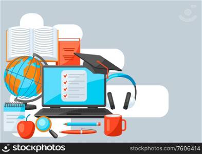 Background with online studying at home items. Distance education. Modern technologies using computer and internet.. Background with online studying at home items. Distance education.