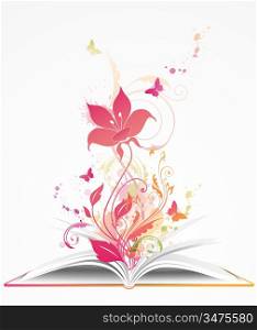 background with open book, pink flower and butterflies