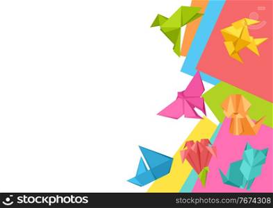 Background with origami toys. Folded colored paper objects.. Background with origami toys.