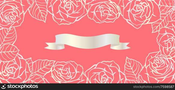 Background with outline roses. Beautiful realistic flowers and leaves.. Background with outline roses. Beautiful flowers and leaves.