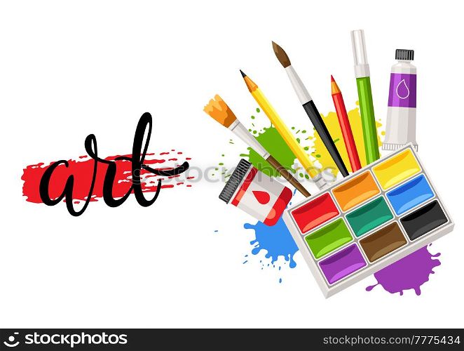 Background with painter tools and materials. Art supplies for creativity. Artistic decorative items.. Background with painter tools and materials. Art supplies for creativity.