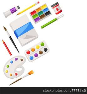 Background with painter tools and materials. Art supplies for creativity. Artistic decorative items.. Background with painter tools and materials. Art supplies for creativity.