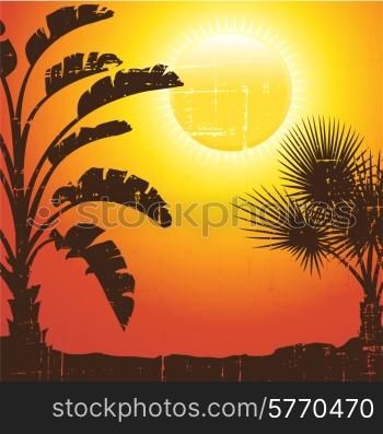 Background with palm trees silhouette at sunset.