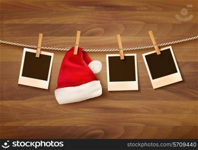 Background with photos and a santa hat. Vector.