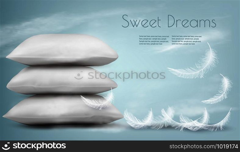 Background with pillows and white feathers. Sleeping concept. Vector illustration