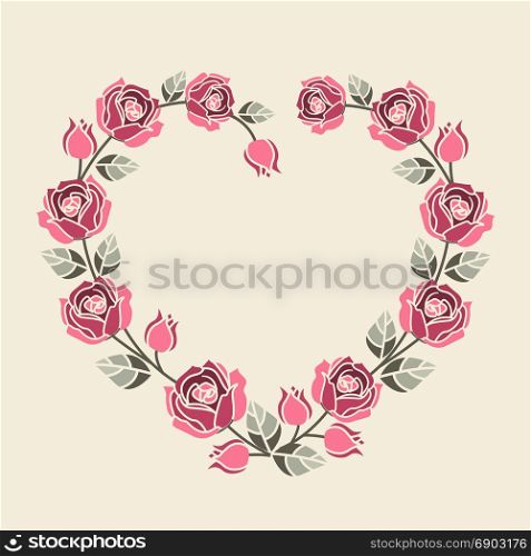 Background with pink roses. Vector illustration Decorative frame with pink roses on light background. Heart of roses