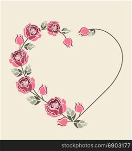 Background with pink roses. Vector illustration Decorative frame with pink roses on light background. Heart of roses