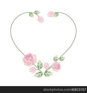 Background with pink roses. Vector illustration Decorative frame with pink roses on white background. Heart of roses