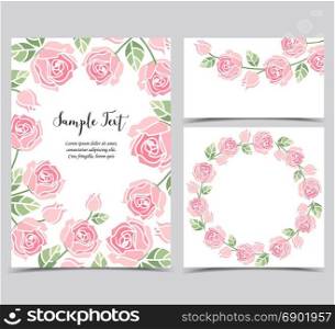 Background with pink roses. Vector illustration of a background with pink roses, decorative frame with roses and leaves. Set of greeting cards