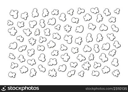 Background with popcorn. Hand drawn pop corn for cinema. Vector illustration in doodle style on white background.. Seamless pattern with popcorn. Hand drawn pop corn for cinema. Vector illustration in doodle style on white background