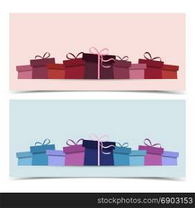 Background with presents. Vector illustration of gift. Two colorful background with presents