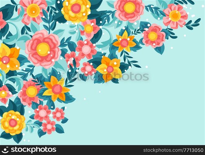 Background with pretty flowers. Beautiful decorative natural plants, buds and leaves. Background with pretty flowers. Beautiful decorative natural buds and leaves