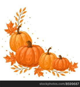 Background with pumpkins and leaves. Decorative image of seasonal autumn vegetable and plant.. Background with pumpkins and leaves. Decorative image of autumn vegetable and plant.