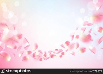 Background with realistic flying rose petals. Pink rose petals